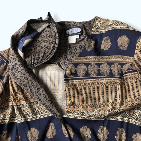 Vintage 80s Clues Collection Baroque Print Duster Robe Jacket Navy Tan XL - Picture 6 of 14